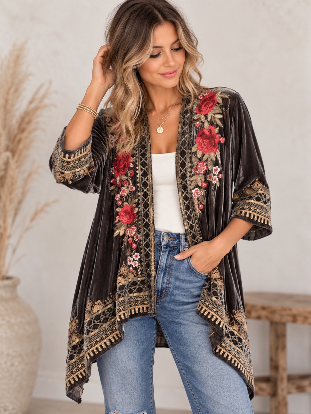 Johnny Was Los Angeles Silk Velvet Embroidered Kimono size small